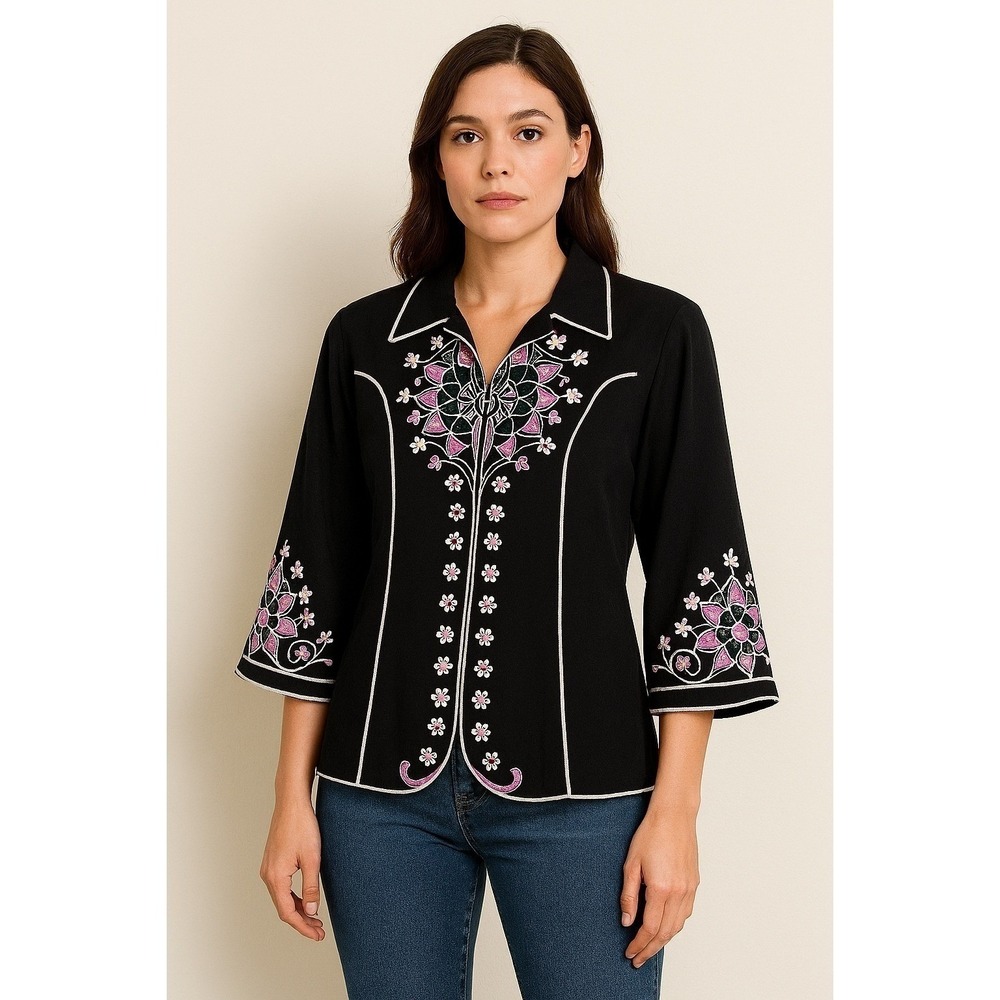 Bob Mackie Statement Jacket Wearable Art XL Black Boho Country Western Artisan